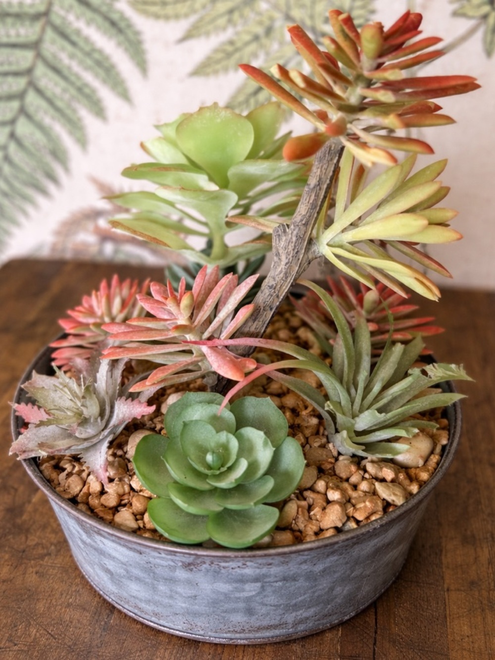 Succulents Arrangement in Metal Bucket Pot, Potted Faux Plants Boho Decor